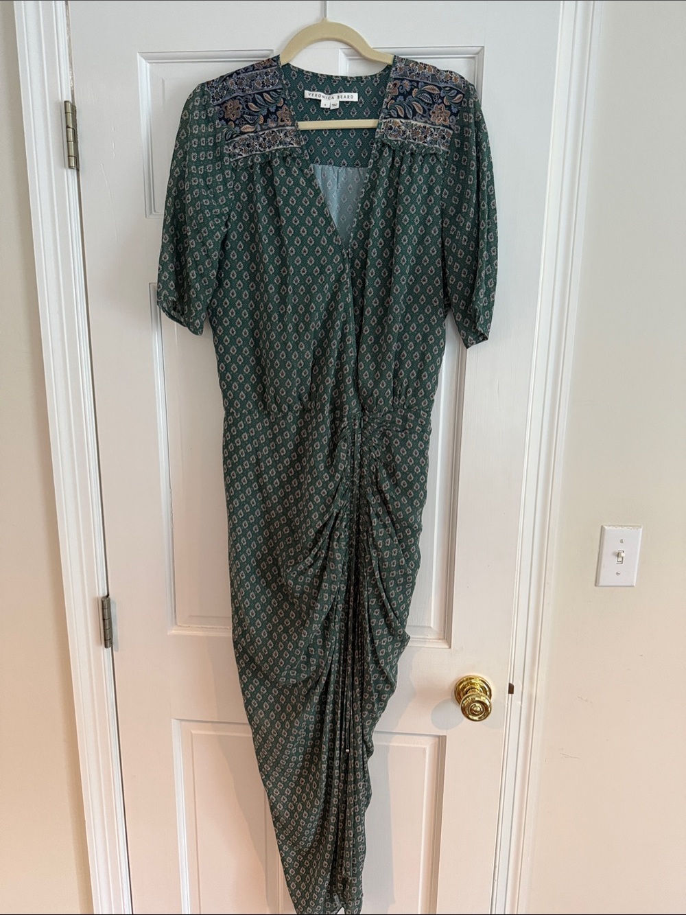 Veronica Beard Silk Forest Green Printed Midi Dress with Embroidered Yoke
